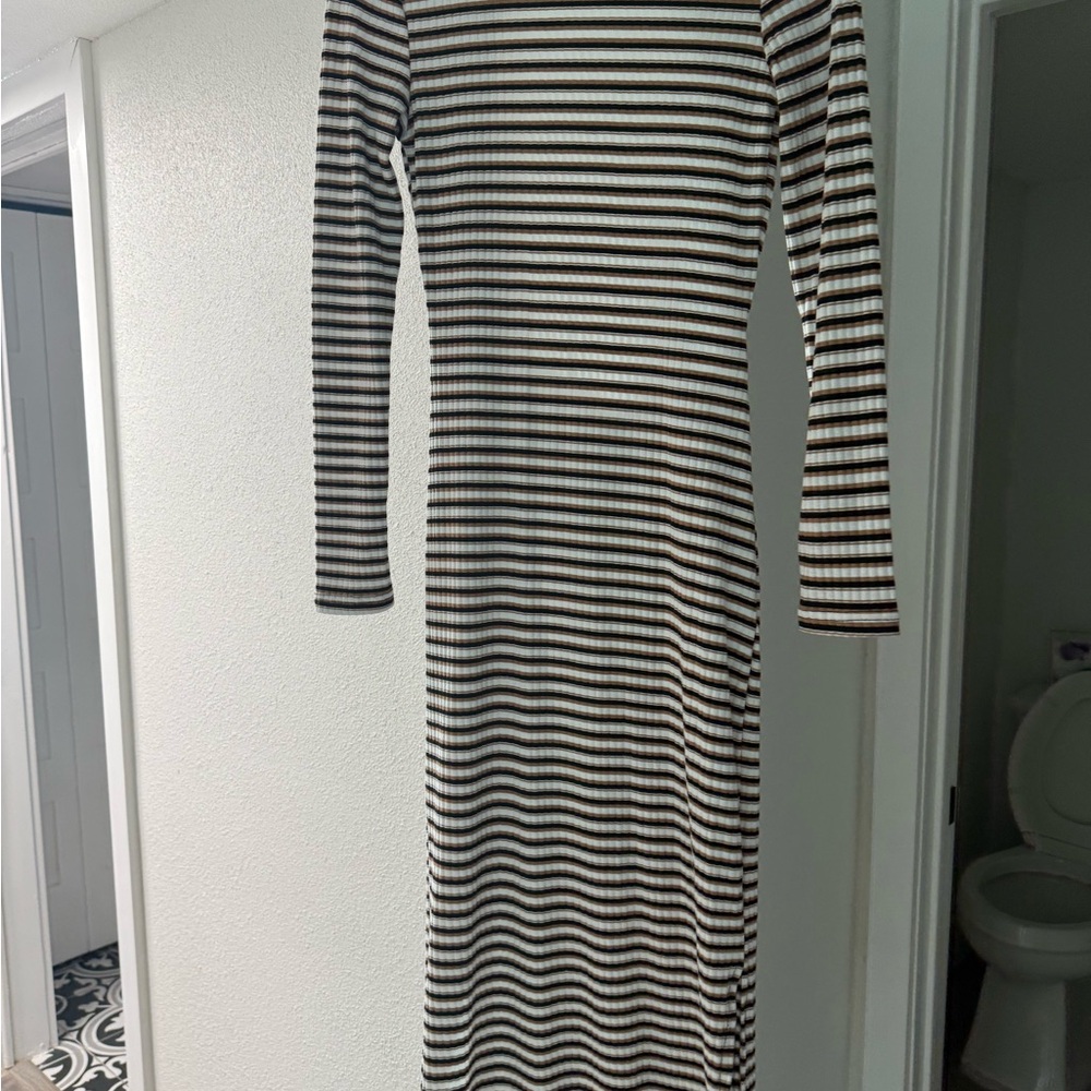 Striped Black and White Long Sleeve Dress with Open Back